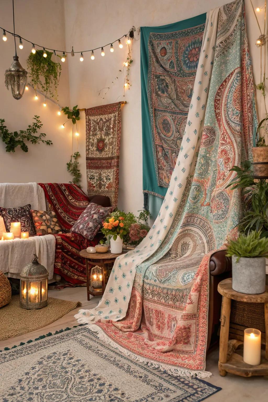 Bohemian prints contribute a vibrant and playful element.