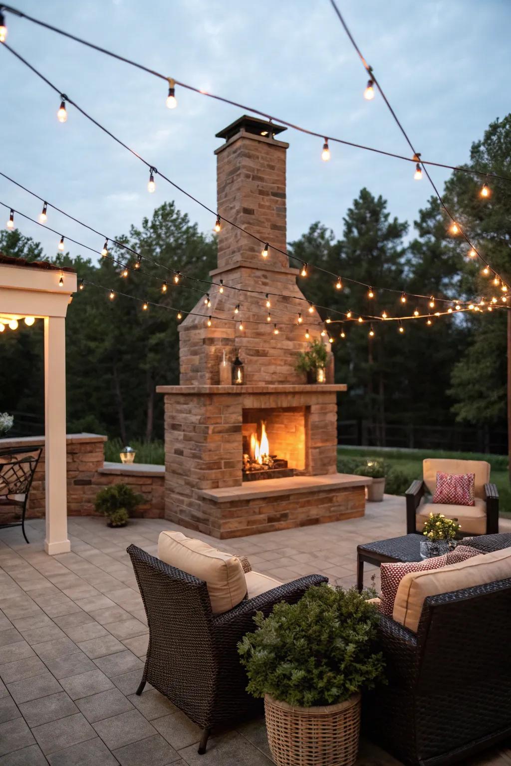 Outdoor brick fireplaces foster a welcoming gathering spot.