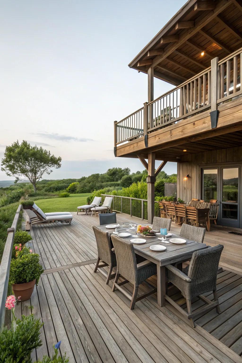Dimension and versatility are enhanced on this patio through tiered configuration.