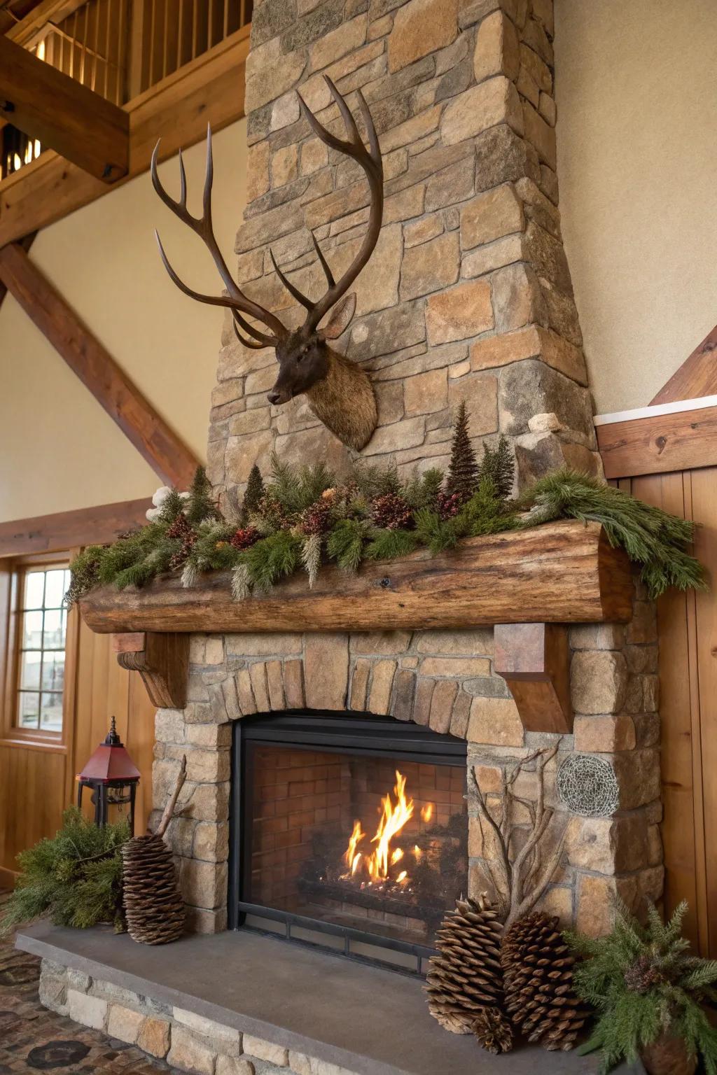 A fireplace adorned with decorative horns for a countryside touch.