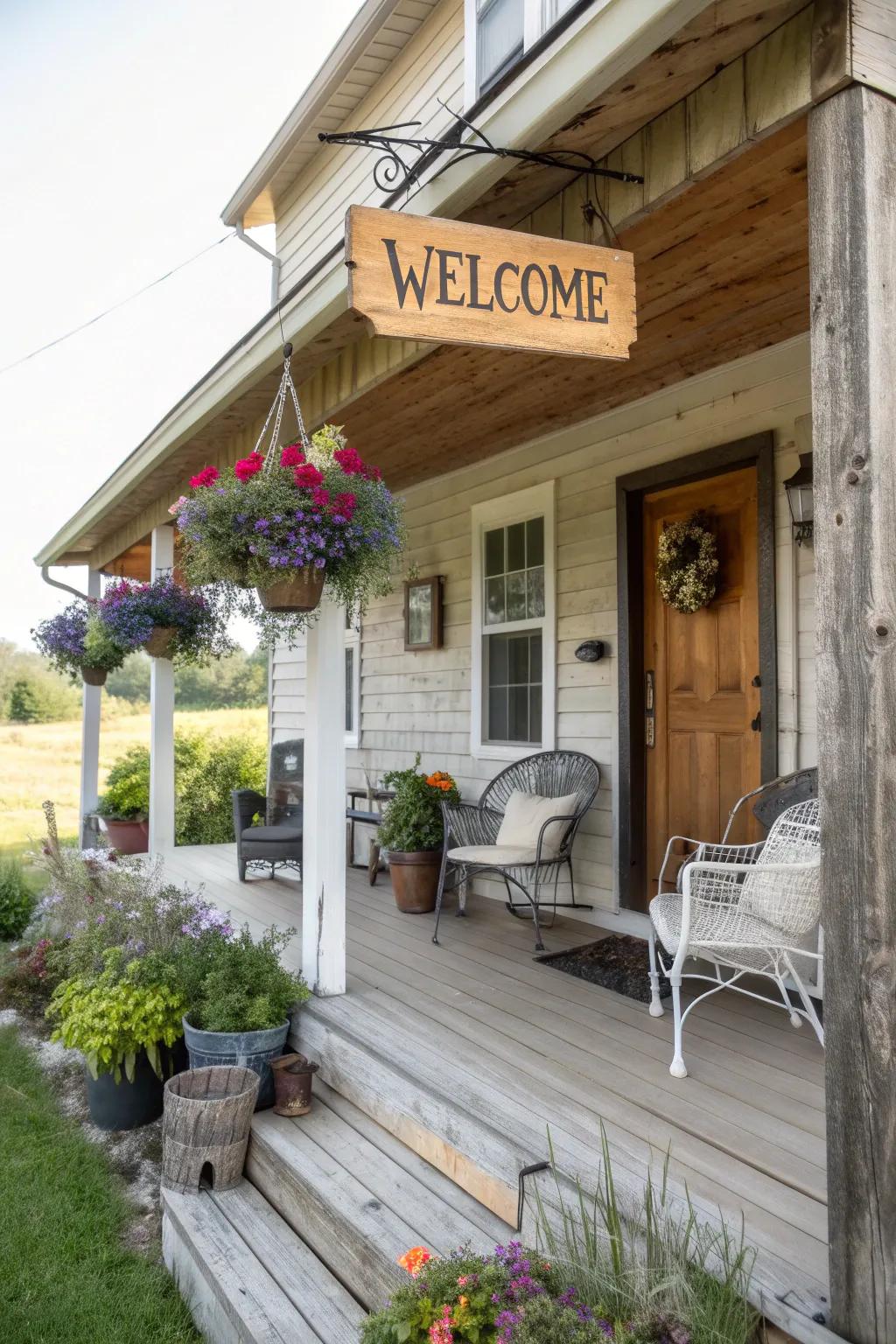 A country sign introduces a personal aspect to this farmhouse porch.