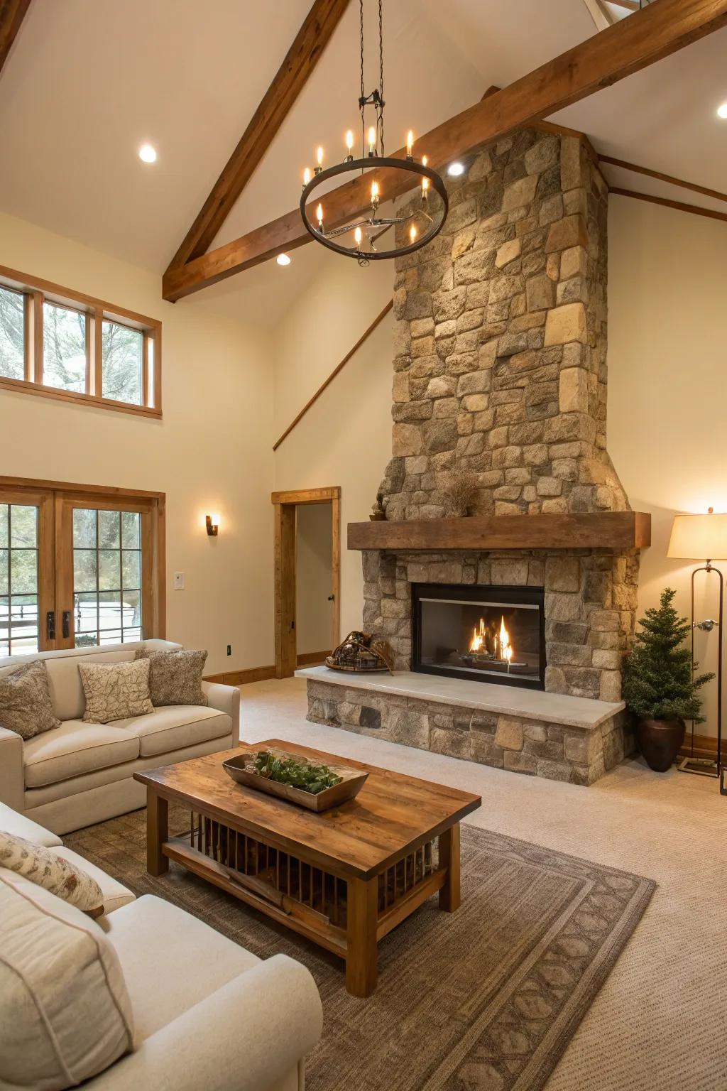 An open area highlights the countryside beauty of this fireplace.