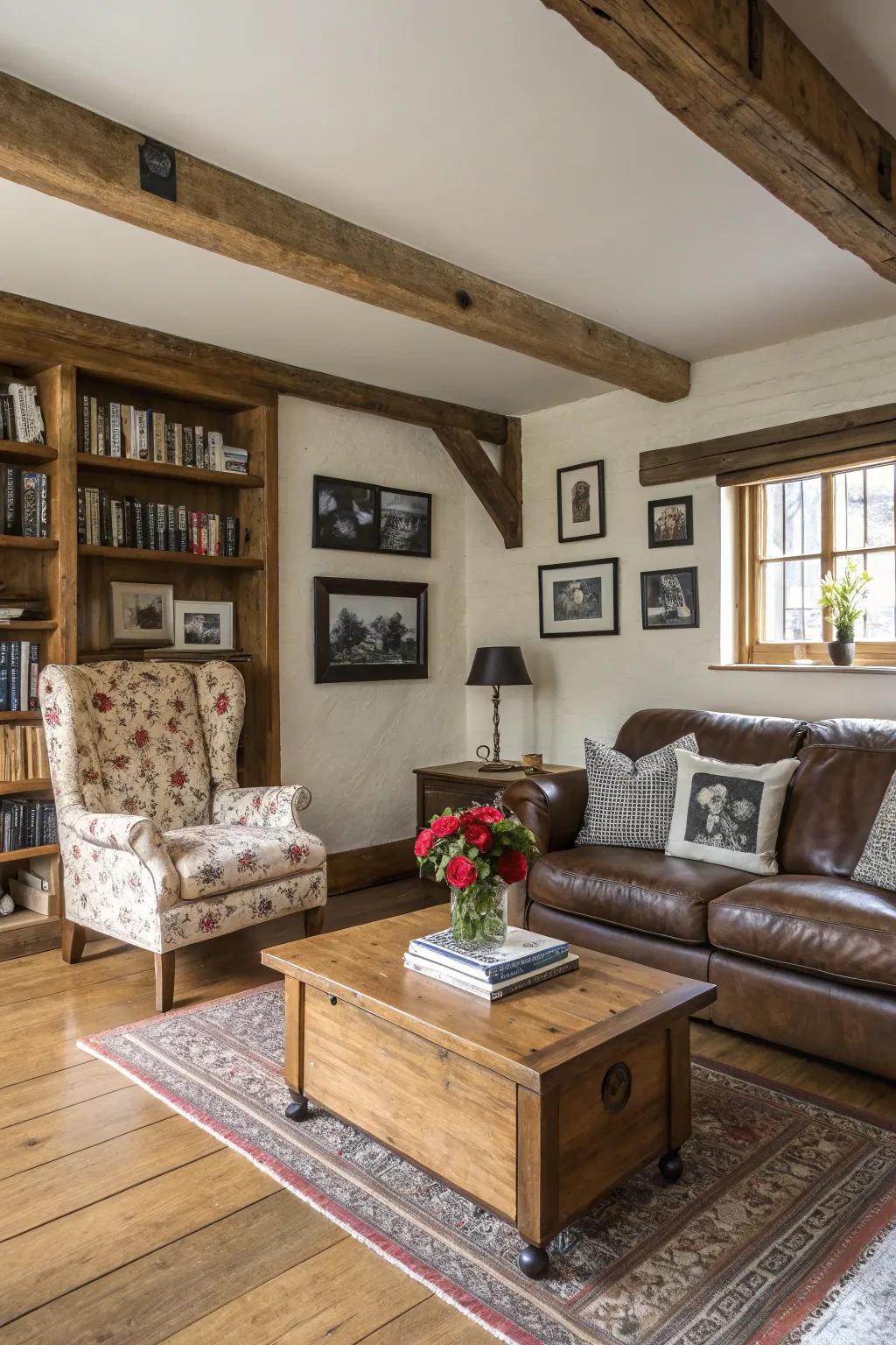 A fusion of contemporary and heritage pieces inside a rustic lounge.