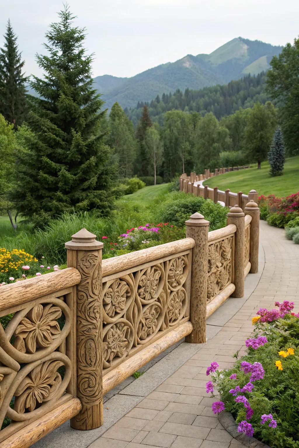 Detailed carvings on a log fence add artistic style to a garden landscape.