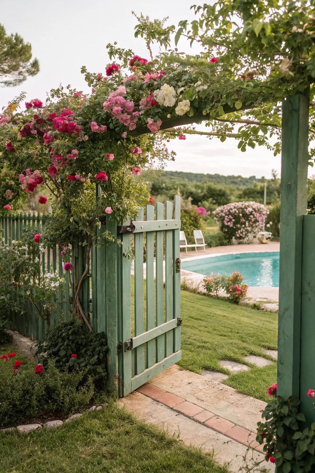 A verdant timbered fence entwined with vines, accentuating garden sophistication.