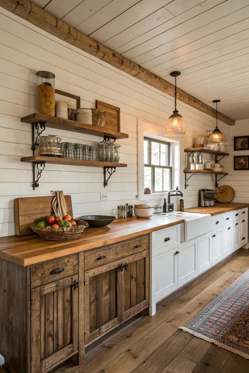 Panelled walls create a snug, textured setting in a farmhouse kitchen.