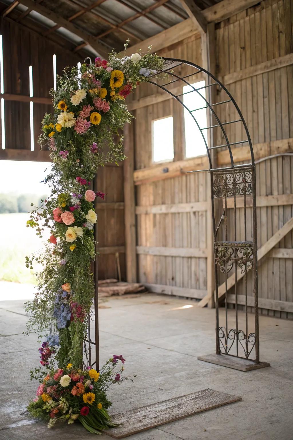 An industrial metal arch softened by the wild beauty of flowers.