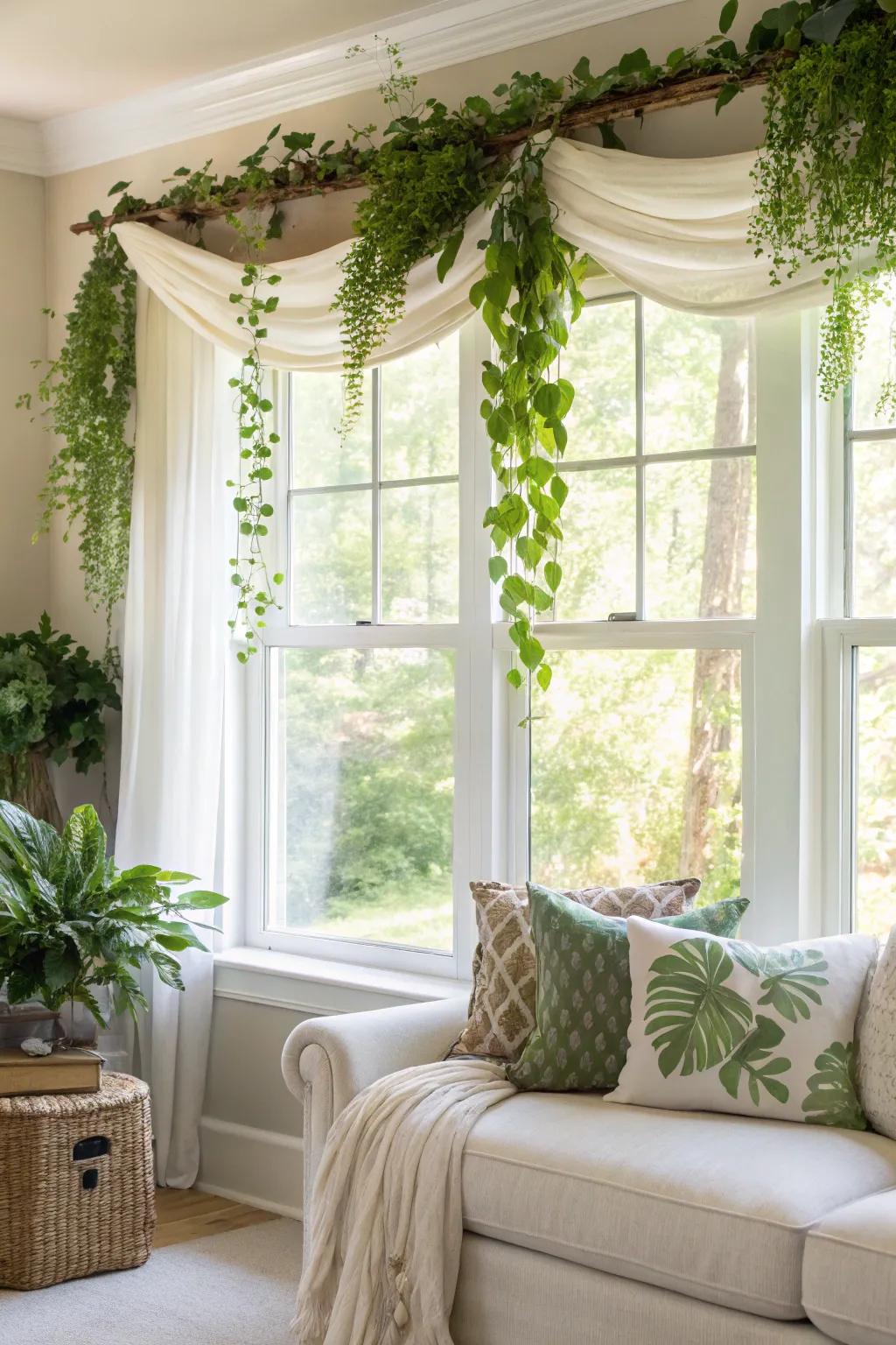 A nature-inspired lounge with a valance adorned with plant life, creating a serene atmosphere.