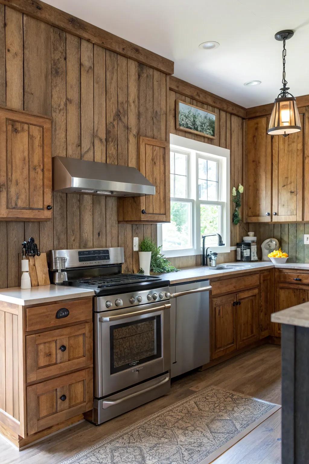 Rustic paneling in the kitchen adds warmth and contrast.