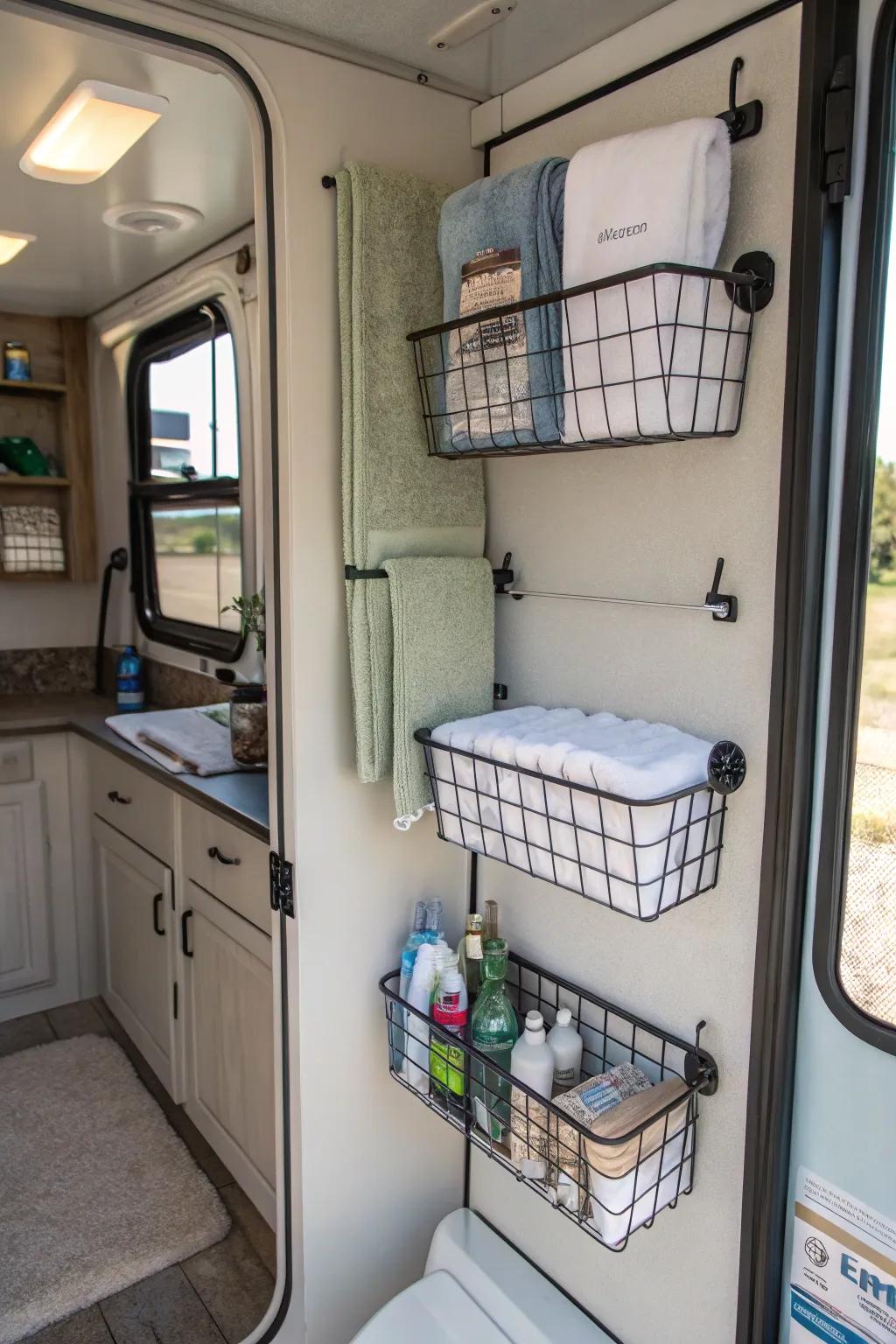 Adopt an industrial vibe with wall-mounted wire baskets.