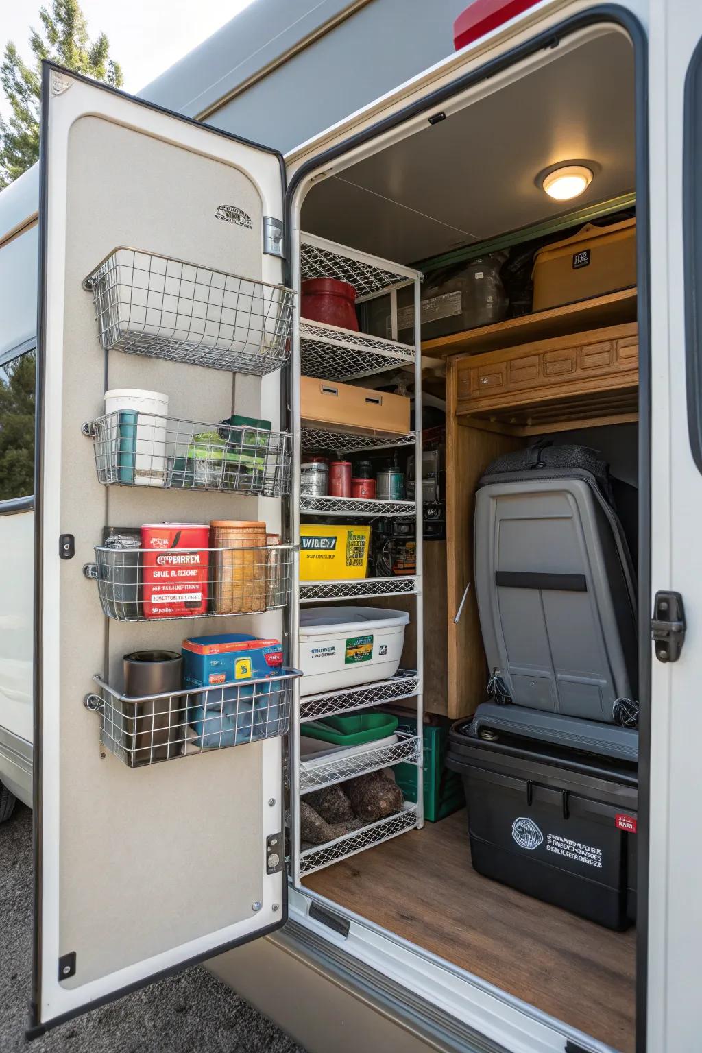 Wire cubbies offer strong storage options for an RV closet.