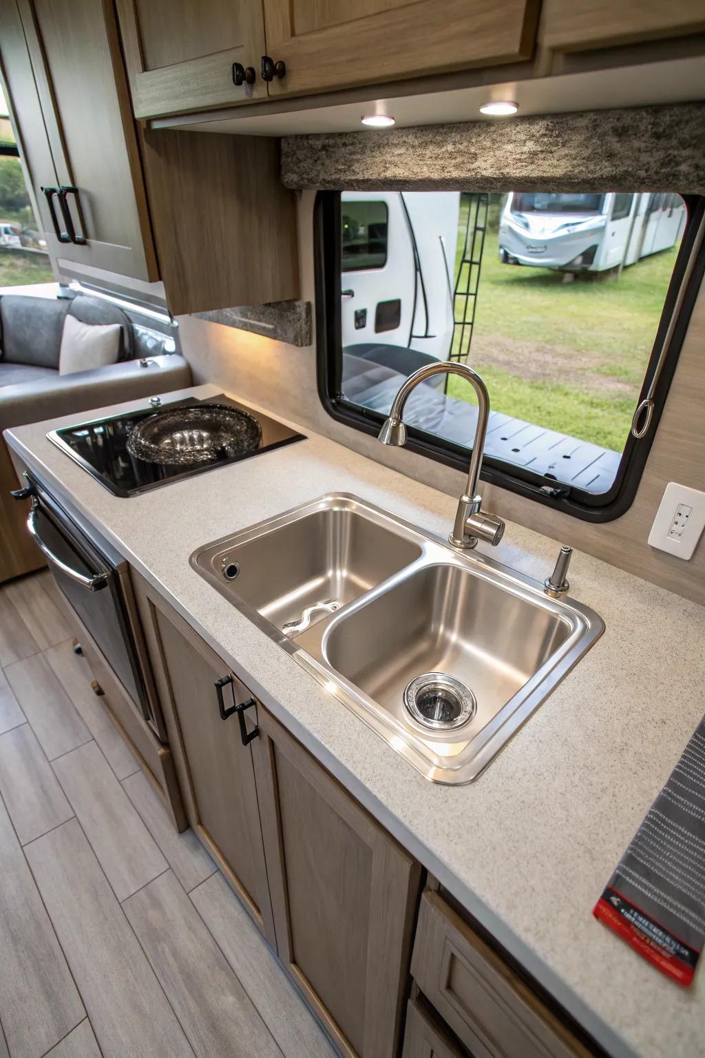 A surface-mount sink for straightforward installation in an RV.