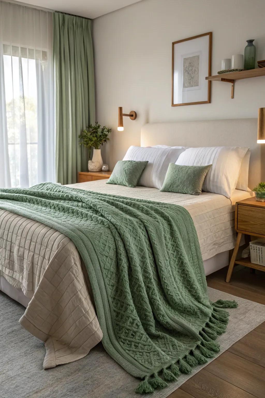 A gentle green throw will make your space feel more comfortable and stylish.