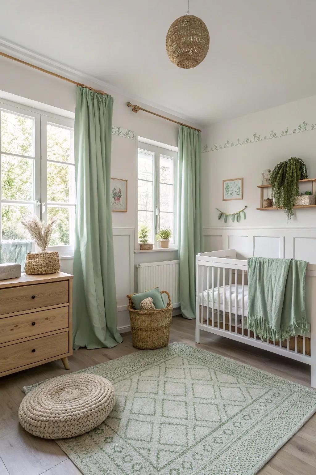 Minimalist furniture maintains a serene and open feel in a verdant mist nursery.