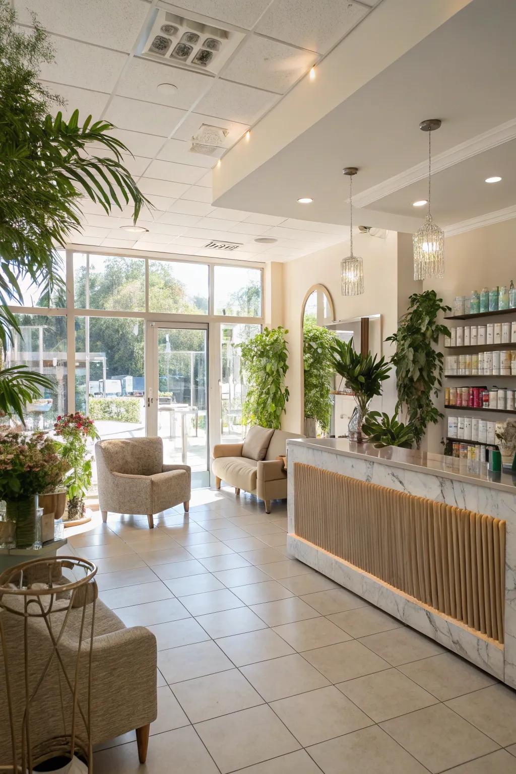 A salon reception area filled with natural light, creating a bright and airy atmosphere.