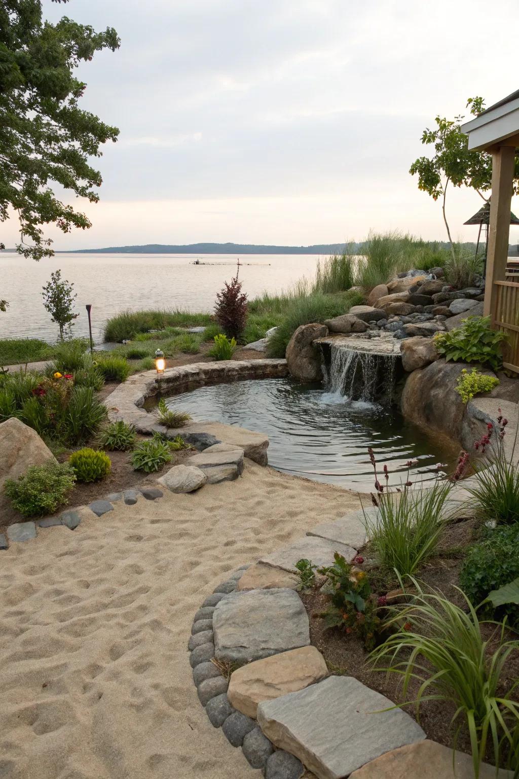 Intensify calm with a sand-encircled water feature.