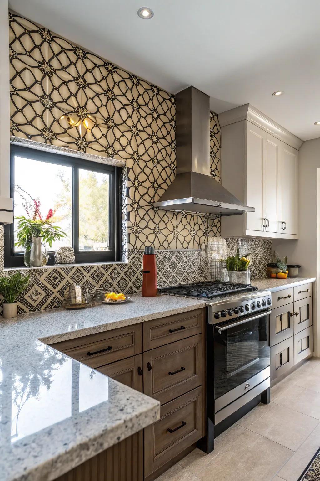 Bold geometric patterns introduce a modern twist to natural granite.