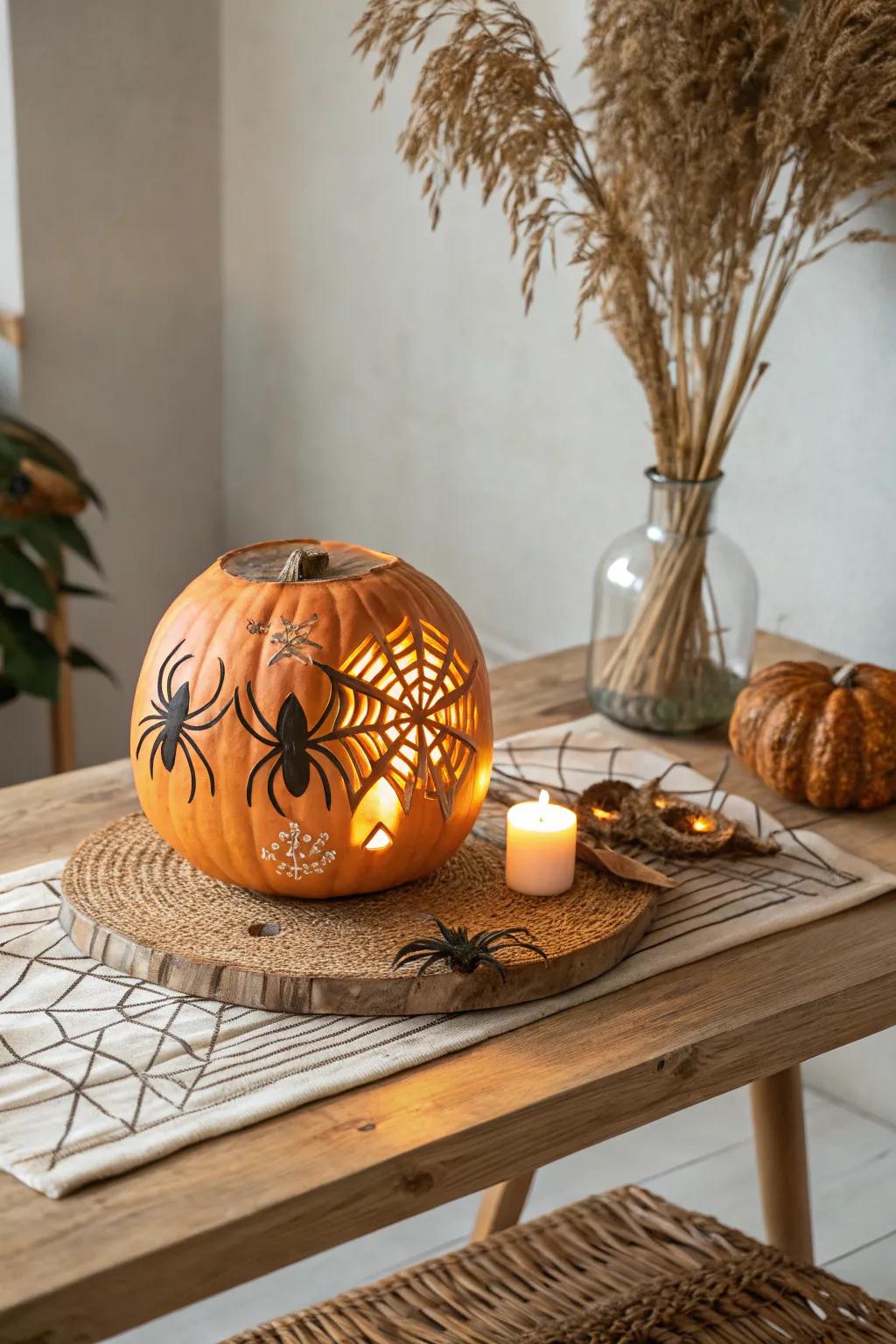 Delight in the eerie beauty with a spider-infested pumpkin, where simplistic design meets spooky creativity!