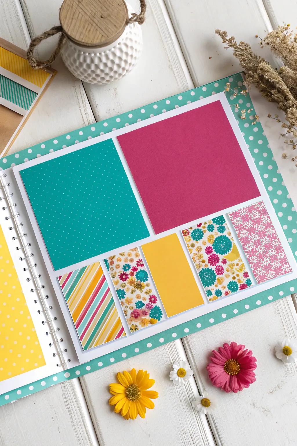 Fill your scrapbook with vibrant energy by using bold colors and mixed patterns for a lively and interesting layout.