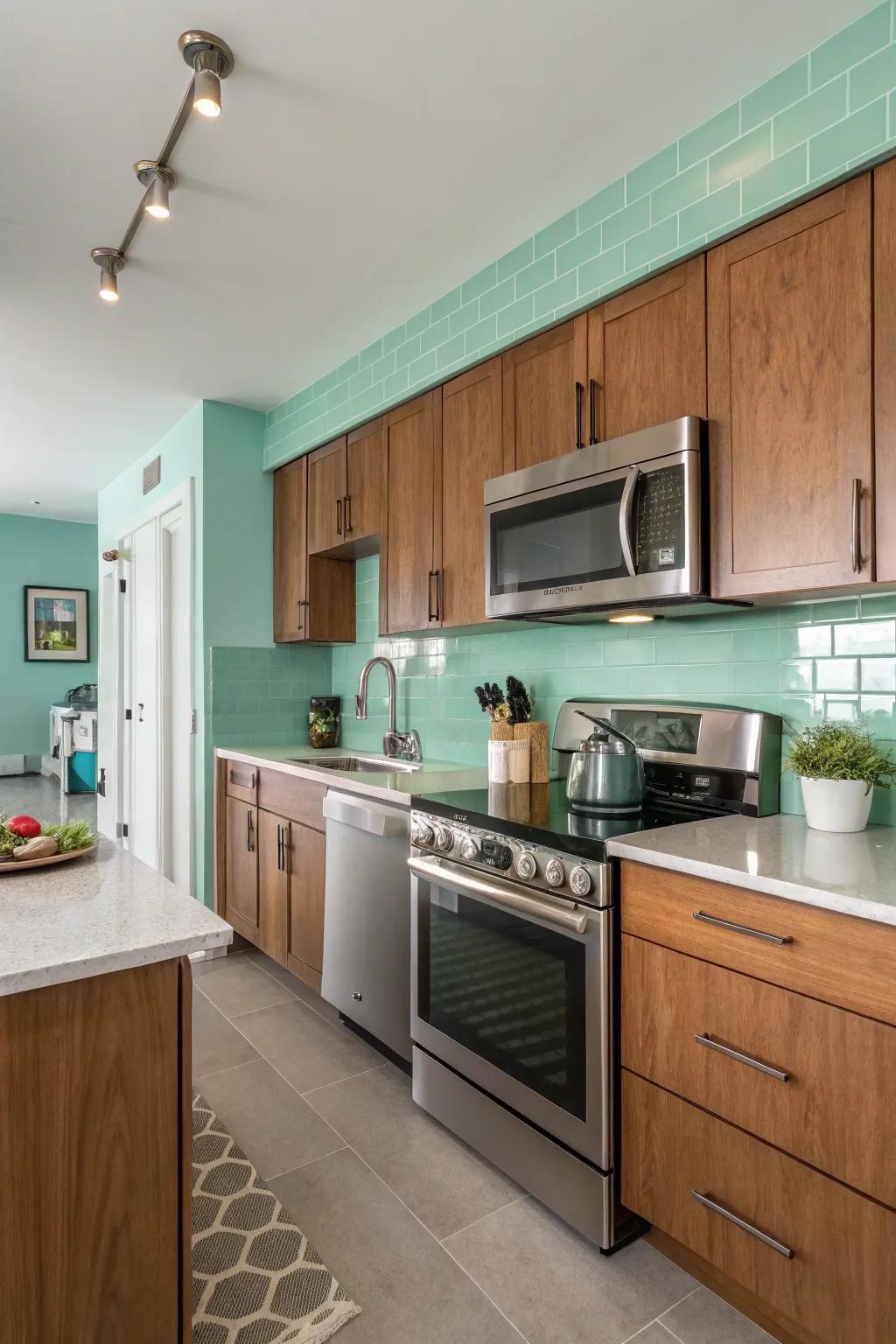 A modern kitchen flaunting lively seafoam green walls and raw, natural elements.