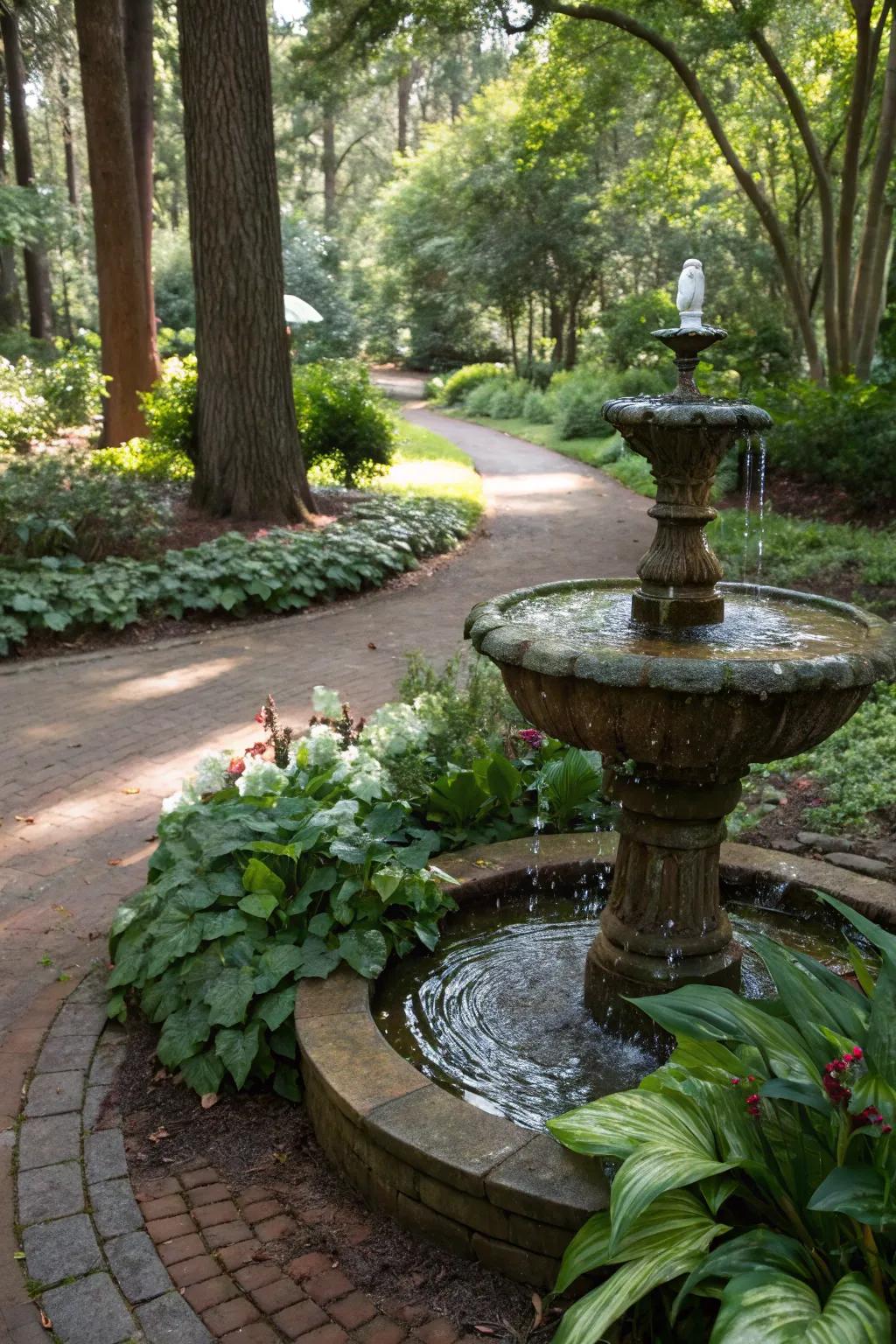 A trickling fountain adds serenity to any garden.