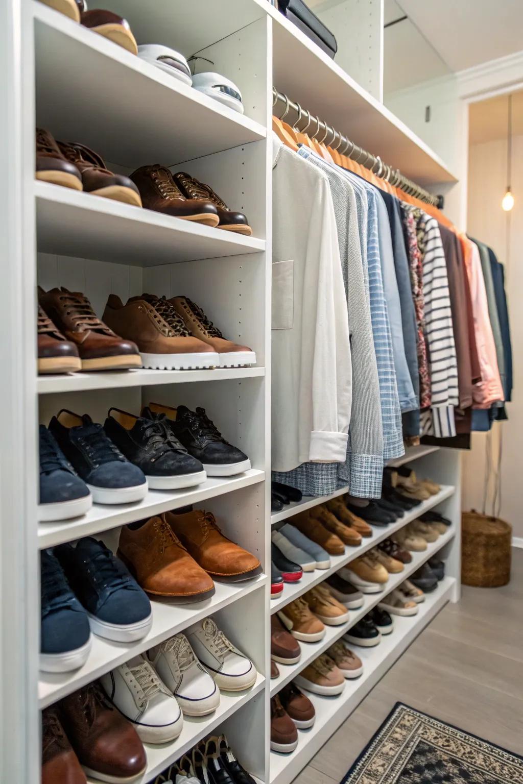 A closet showcasing innovative racks for systematic shoe storage.
