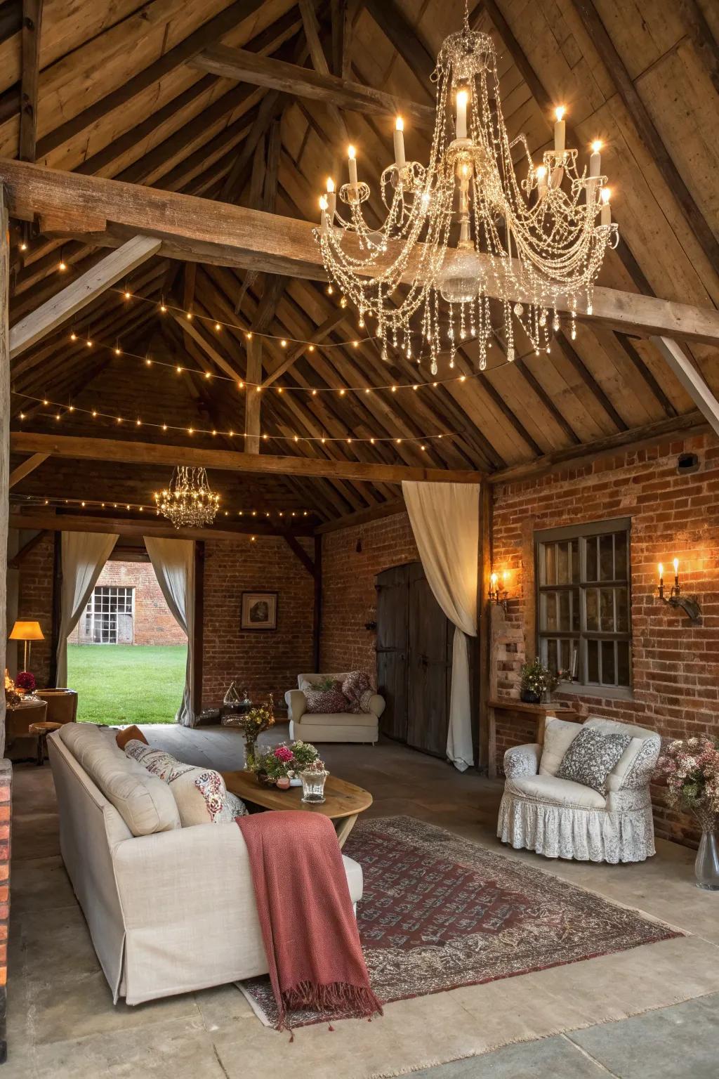 Elegance coalesces with rustic charm via a chandelier within a barn conversion.