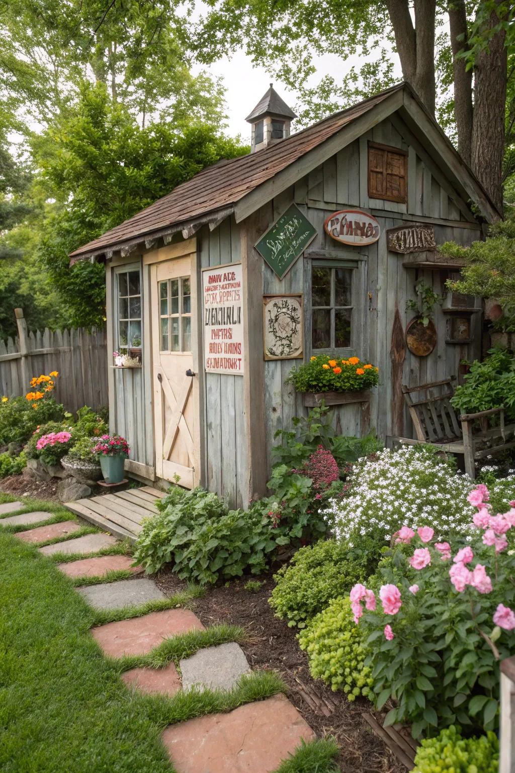 A garden shed decorated with captivating vintage signage.