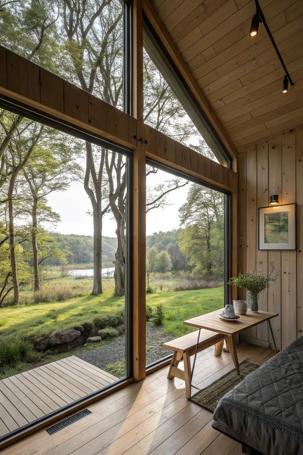 A garden shed home with expansive windows offering stunning views of nature.