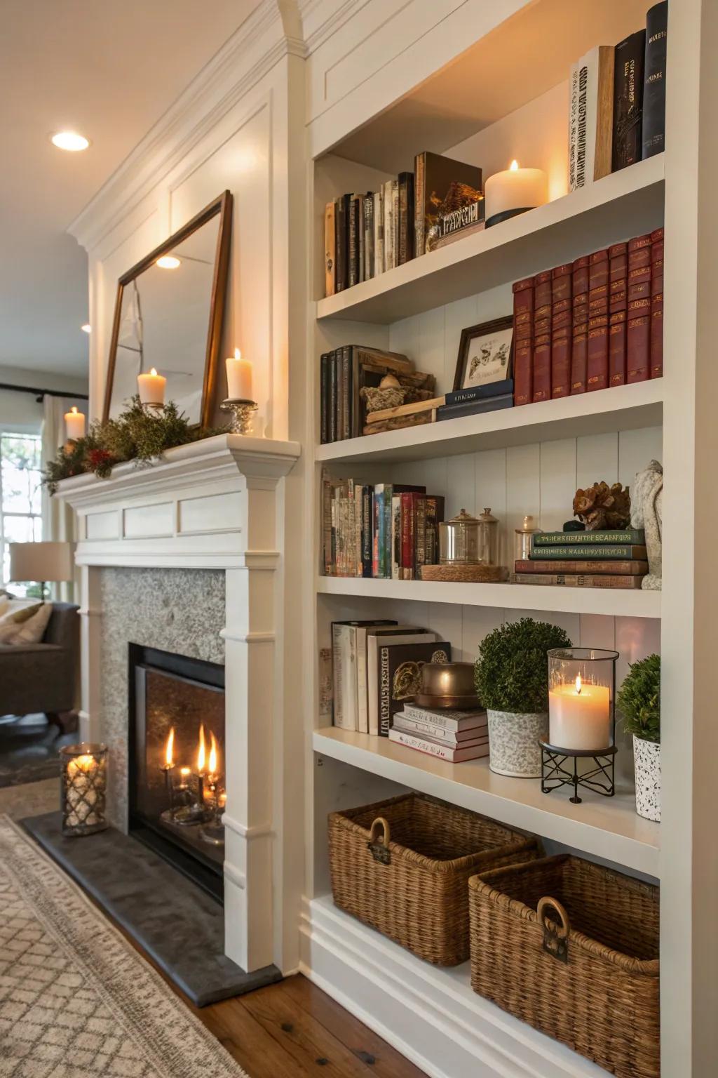 Shelves by a fireplace boost a room's utility.