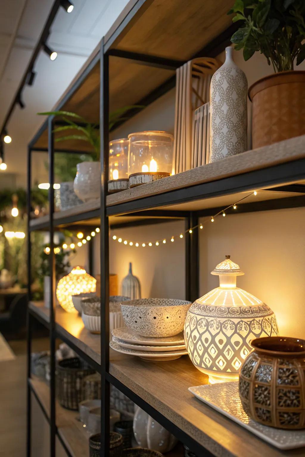 Under-shelf illumination highlights treasured items beautifully.