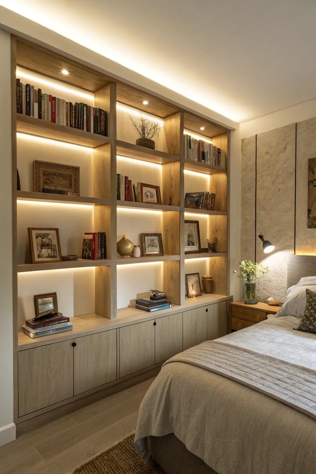 Integrated lighting contributes a warm glow to bedroom shelves.