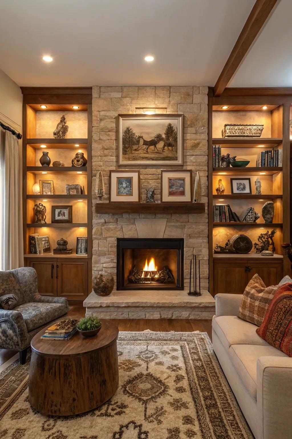 Shelves function as a miniature gallery for artwork and sculptures.