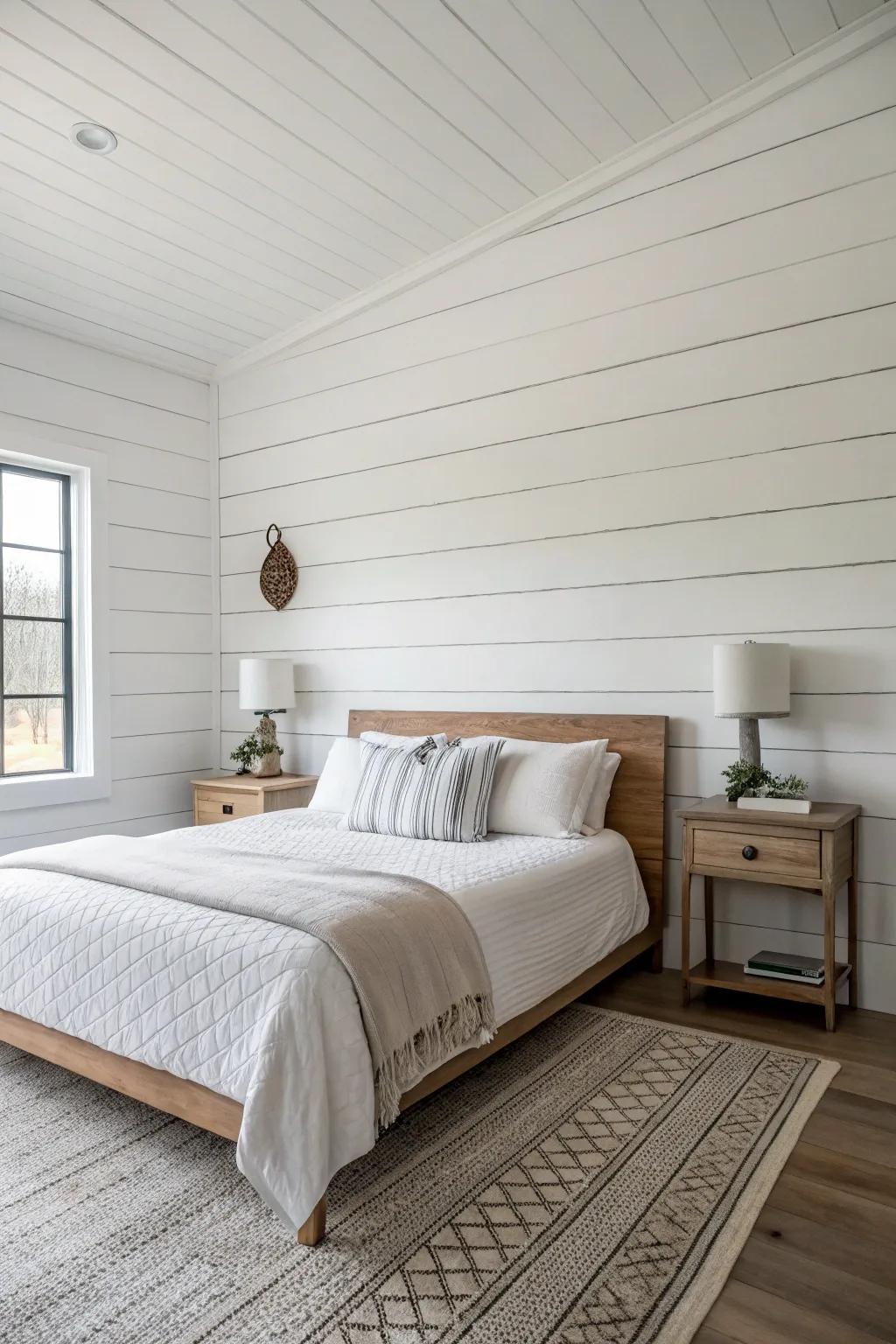 A minimalist shiplap wall has the capacity to be the highlight of your bedroom's design.