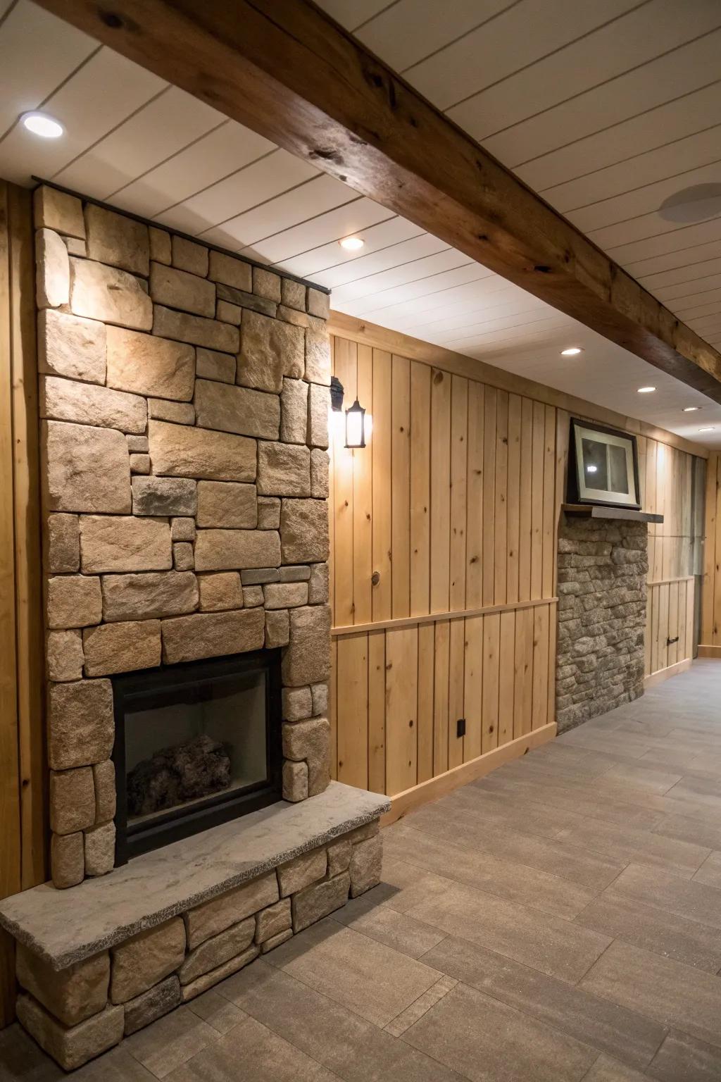 A basement showcasing a mix of grooveboard walls and a stone fireplace.
