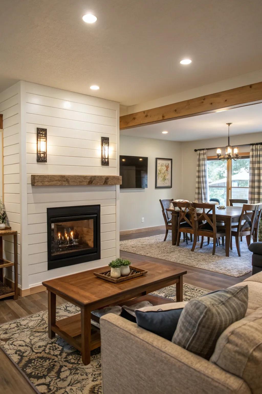 See-through shiplap fireplace encouraging a smooth transition between areas.