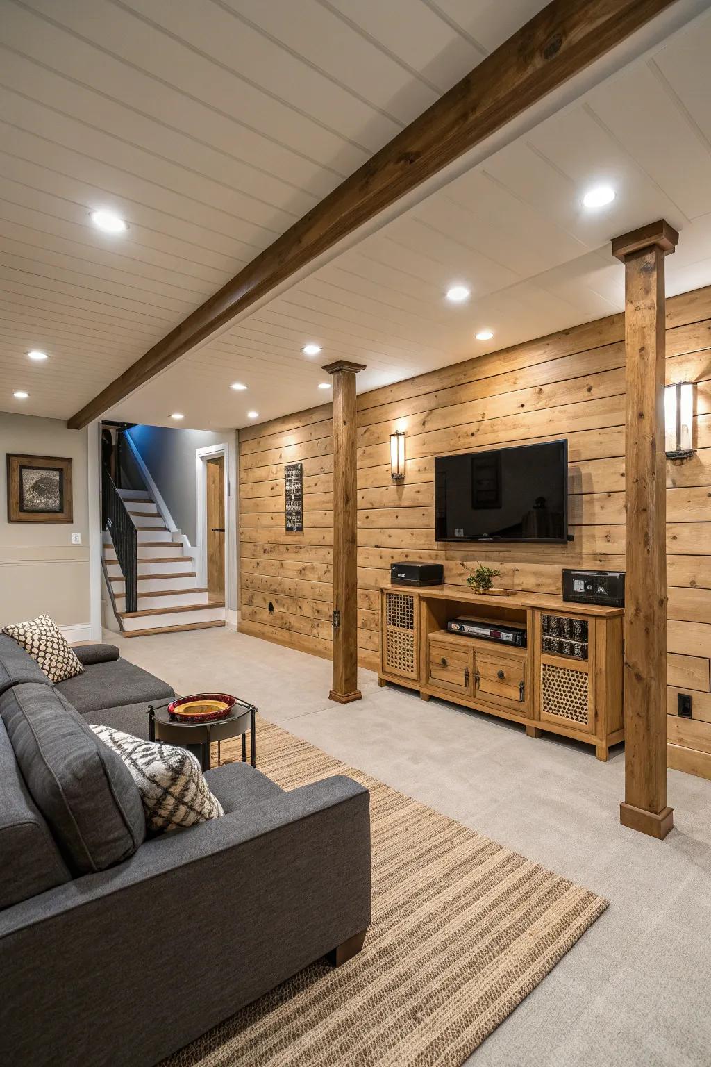Spacious and airy basement design featuring shiplap.