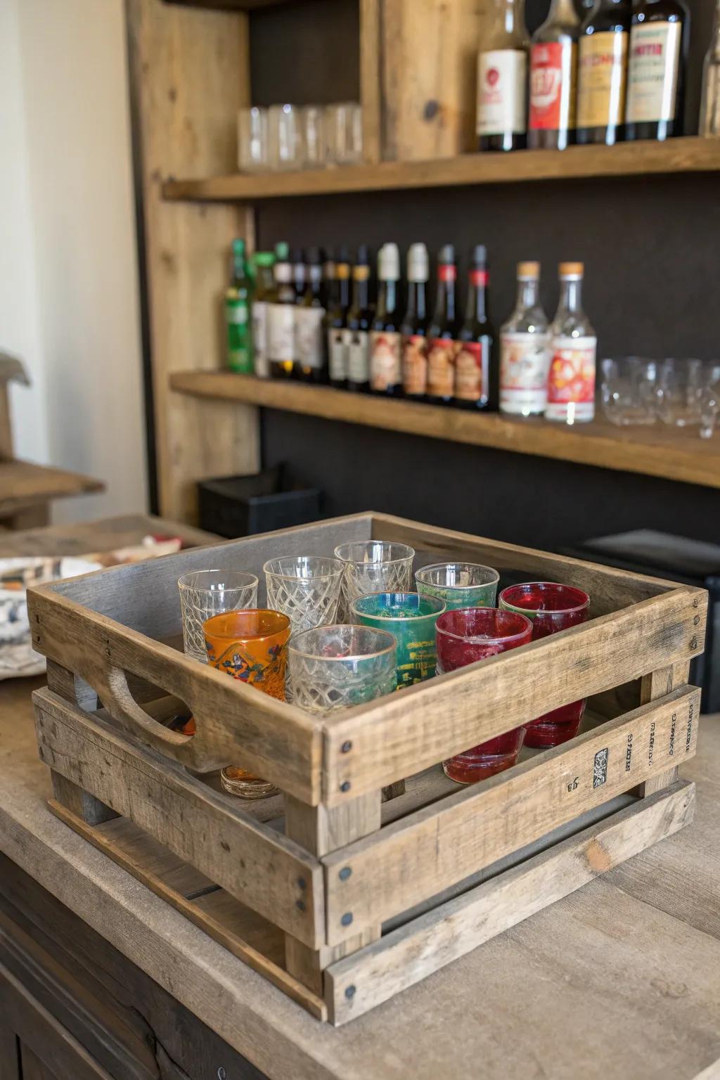 A domestic bar showcasing an antique wood crate repurposed as a shot glass display.