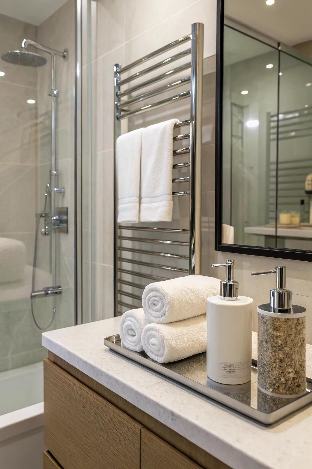 A shower featuring stylish towel racks and graceful soap dispensers.