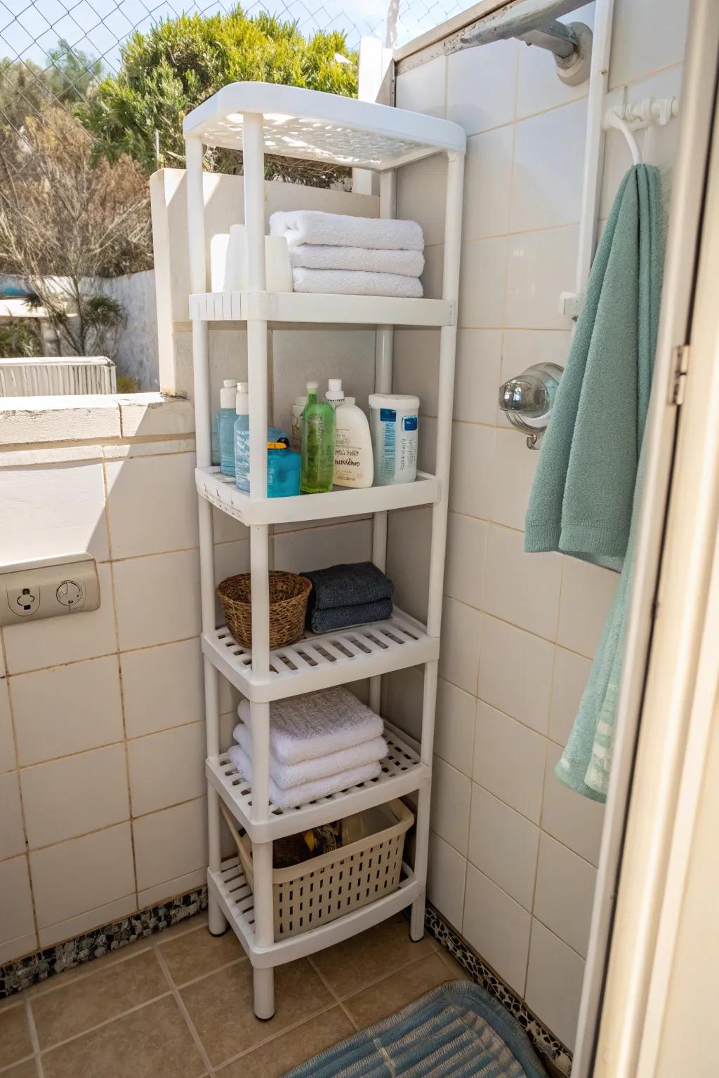 Compact plastic shelves offer a cost-effective storage solution.
