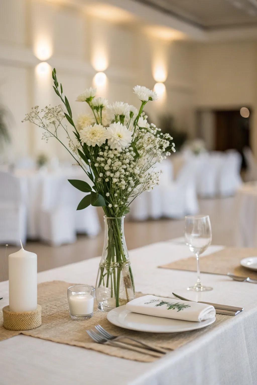 The bride and groom are seated at a table with simple, elegant decorations using a minimalist design.