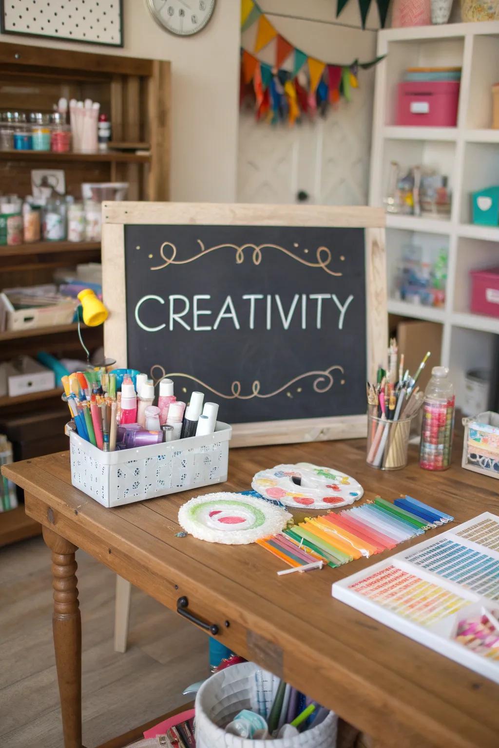 A craft room chalkboard featuring a quote about creativity.