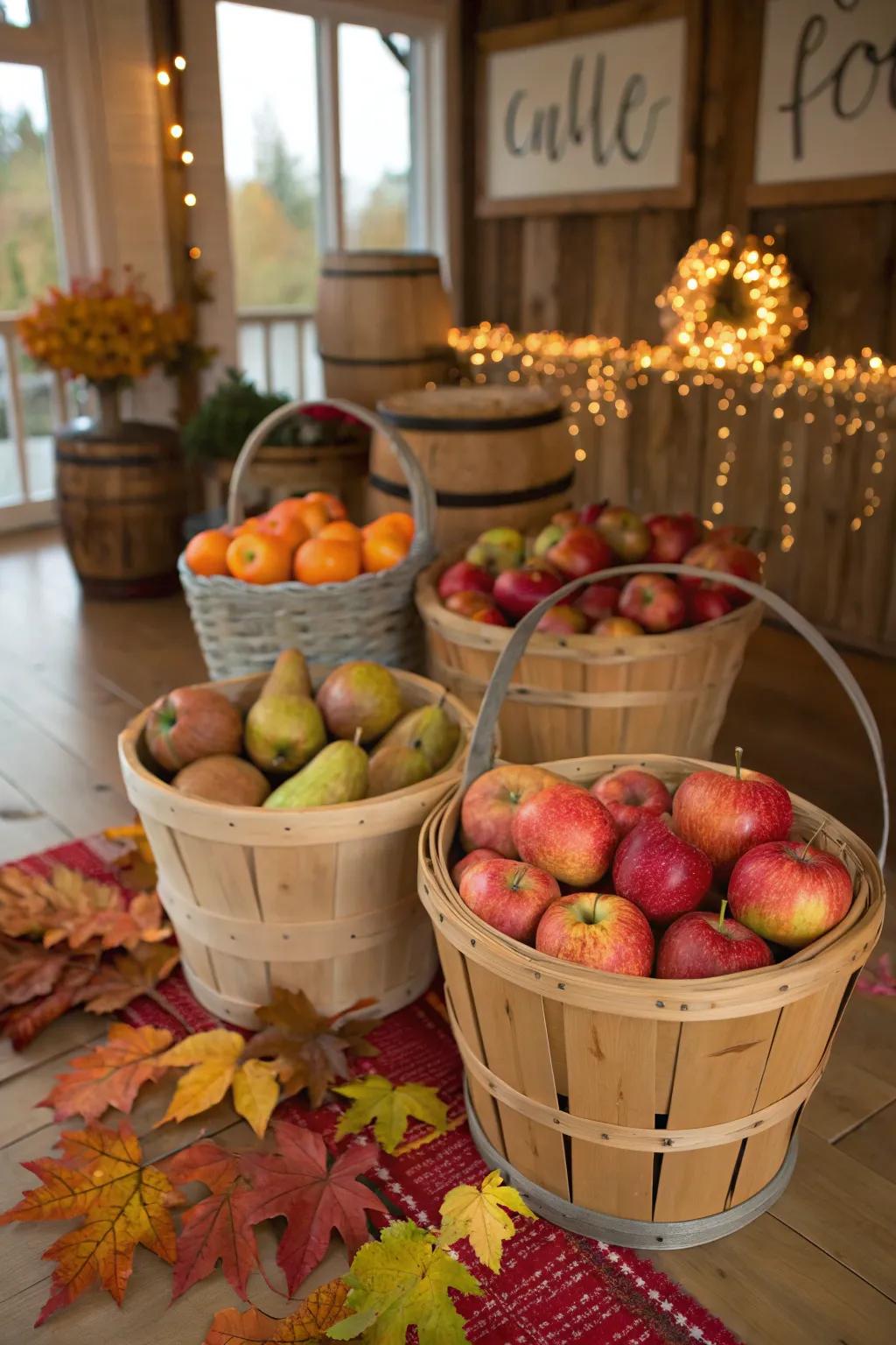 Receptacles overflowing with citrus introduce a seasonal sensation.