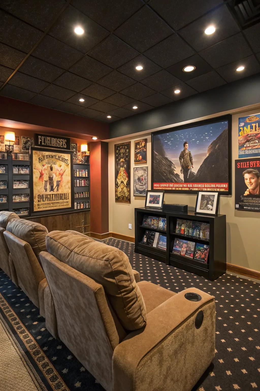 Personalized decor creating a unique home theater ambiance.