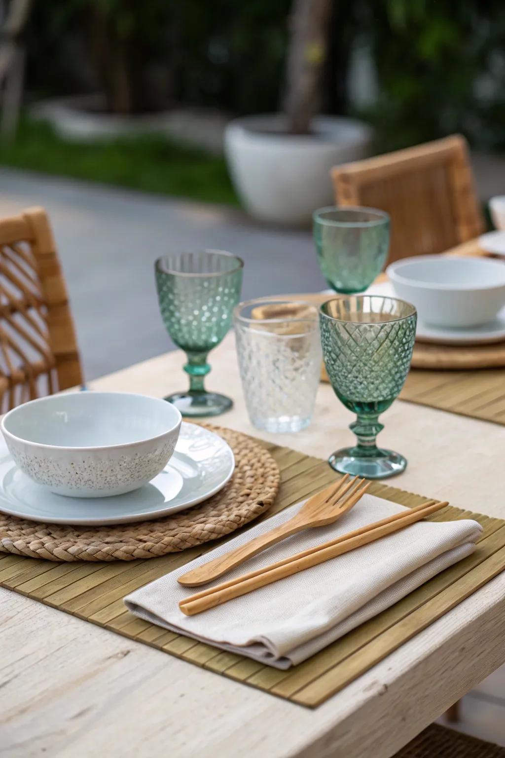 Sustainable glassware and cutlery introduce an eco-conscious element to the setting.