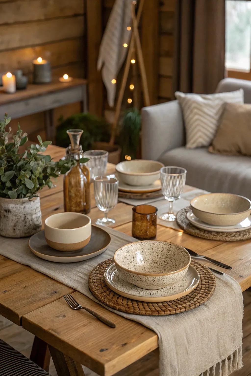 Understated dinnerware elevating a rustic table presentation.