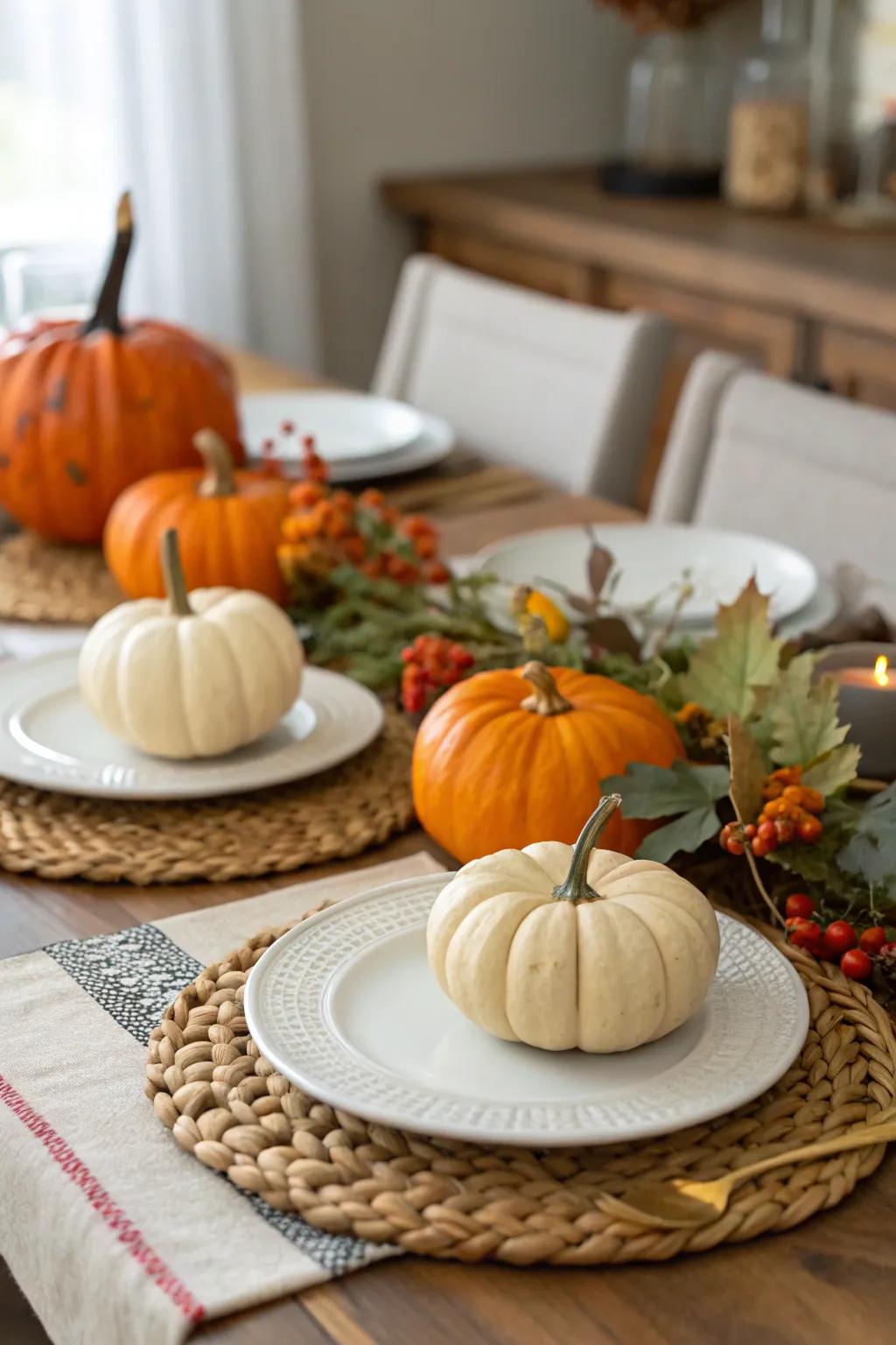 Seasonal accents like pumpkins bring a cozy ambiance.
