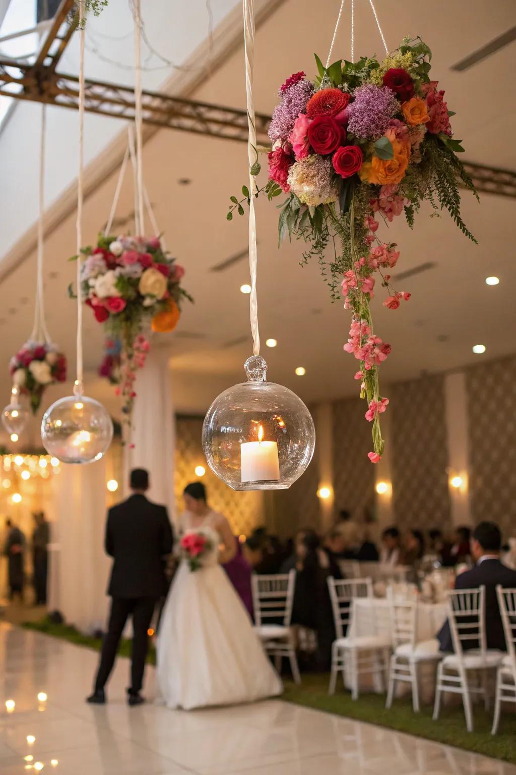 Suspended clear baubles introduce an ethereal and whimsical touch.