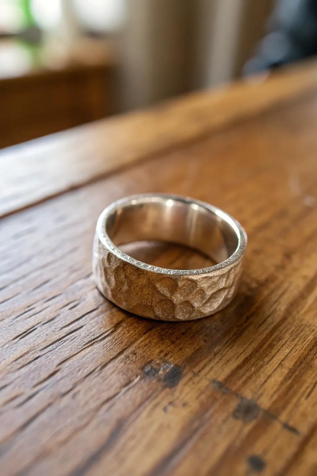 A rustic hammered texture ring with a unique handmade appeal.