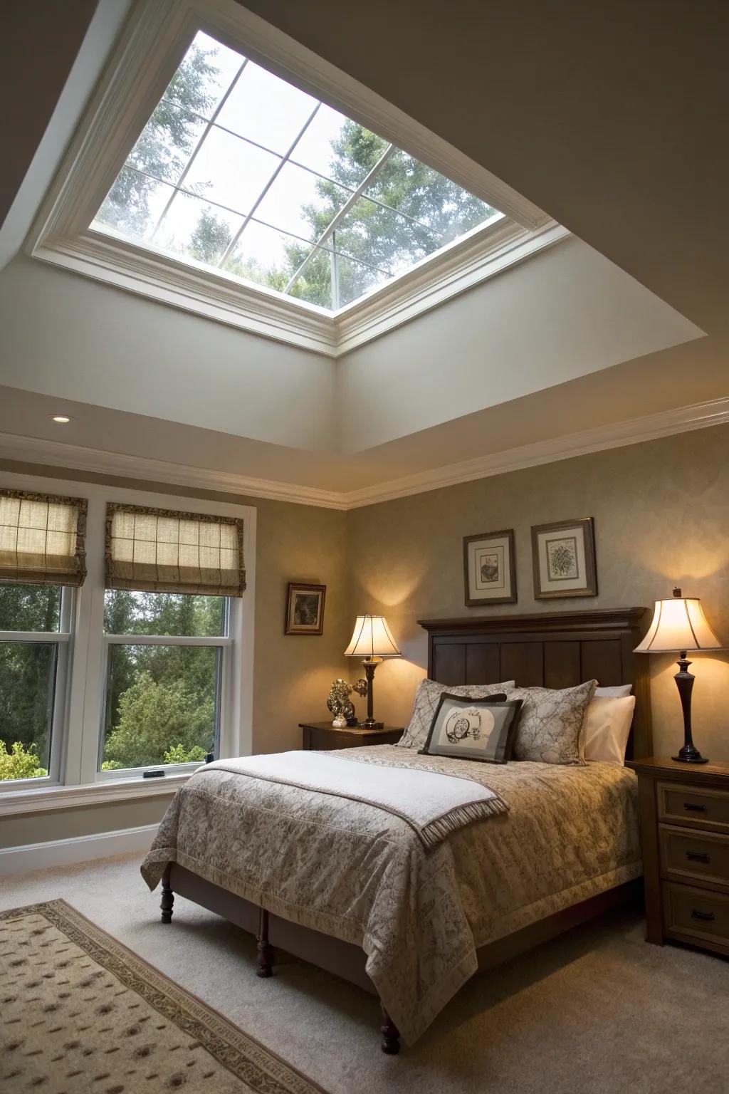 A bedroom using a skylight and trim making a fake ceiling effect.